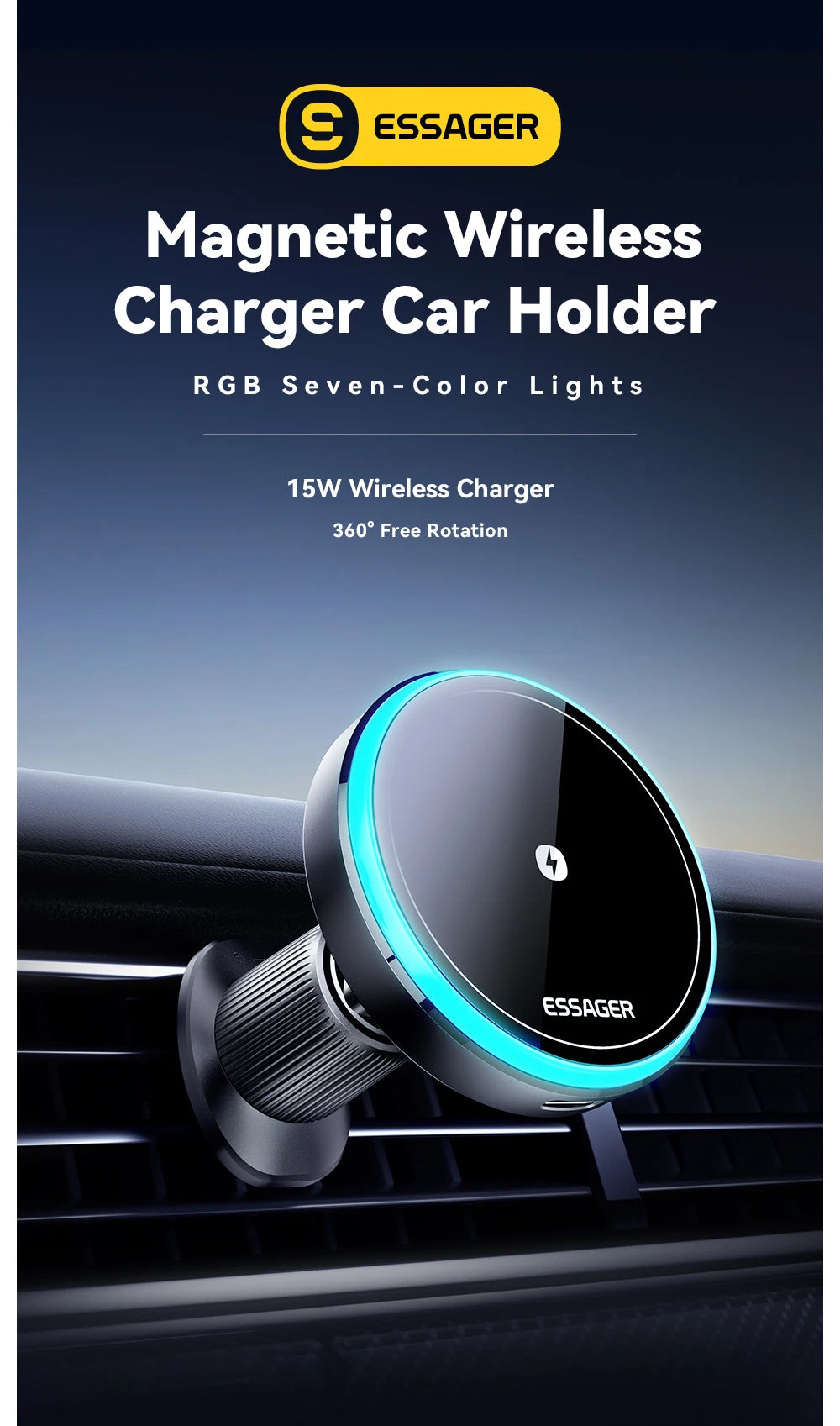 Essager 15W Magnetic Wireless Car Phone Holder – 360° Adjustable Mount with Fast Charging