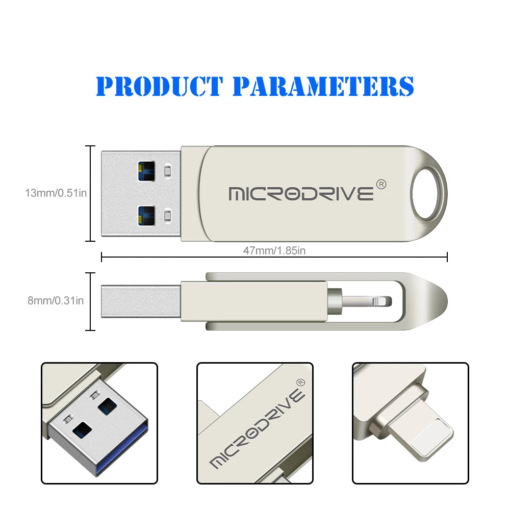 MicroDrive USB 3.0 Flash Drive for all iPhone  with Lightning USB/OTG 2 in 1 Drive for iOS External Storage