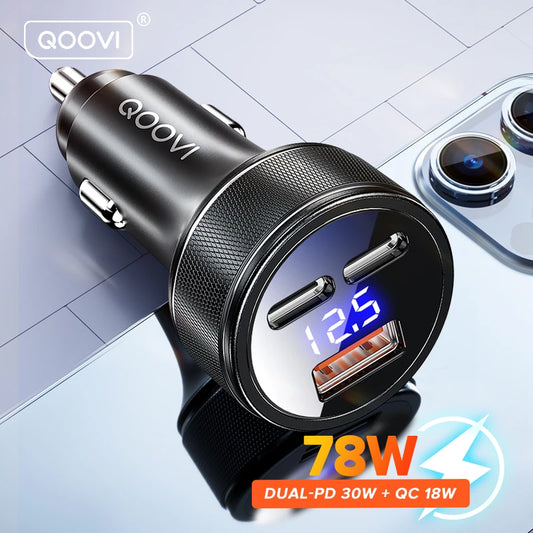 QOOVI 78W 3-Ports Car Charger PD USB Type C QC3.0 Phone Charger Fast Charging For iPhone, Xiaomi, Samsung, iPad, Laptops, Tablets, Smartphones