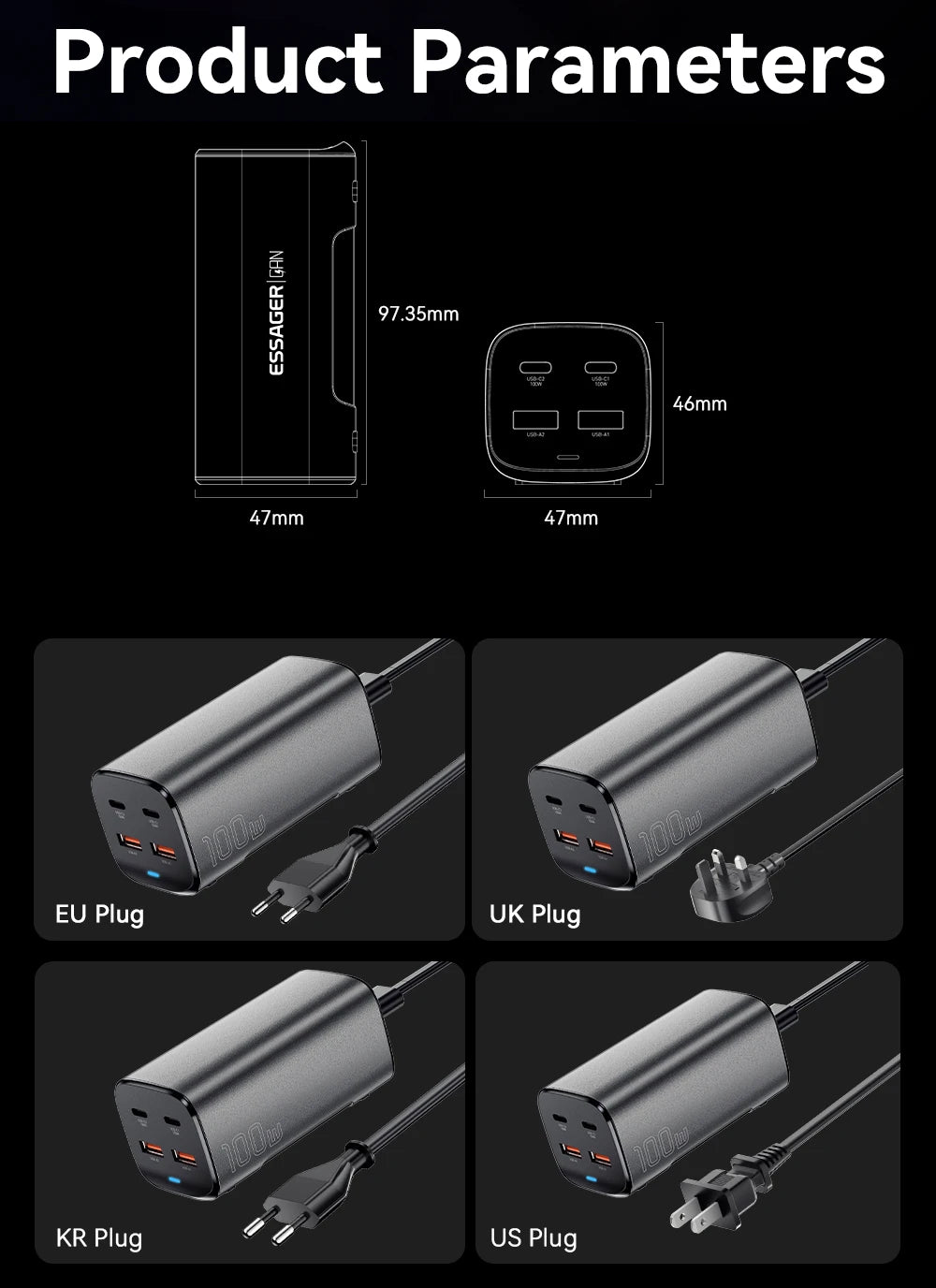 Essager 100W USB-C GaN Charger: Rapid Desktop Fast Charging with QC 4.0 & 3.0