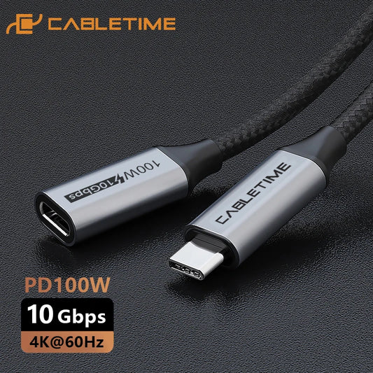 CABLETIME USB Extension Cable USB 3.0 Gen 2 PD100W 4K 60Hz 10Gbps Type C 3.1 Charging Cable for Laptop, Xbox, SSD, PS3/4