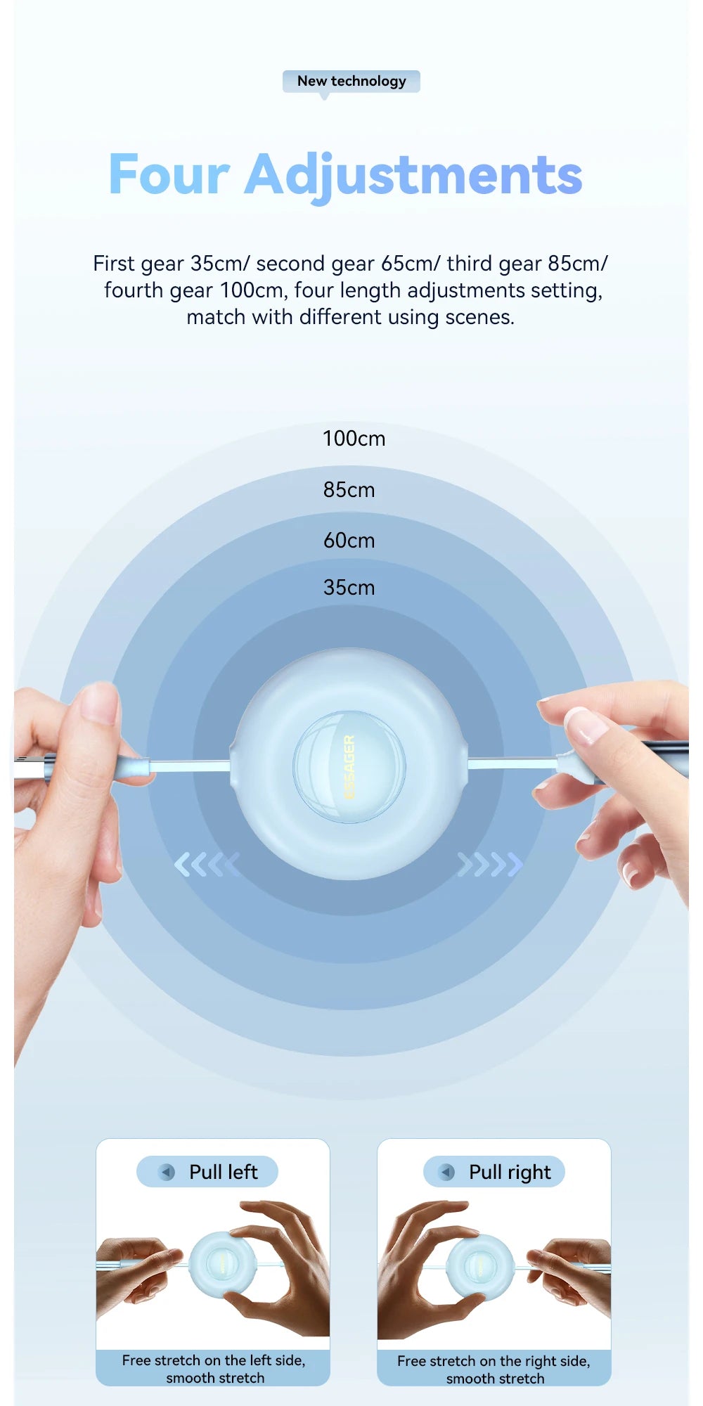 Essager Retractable 66W 3-in-1 USB Charge Cable – 6A Fast Charger Type-C Cable for Smartphones