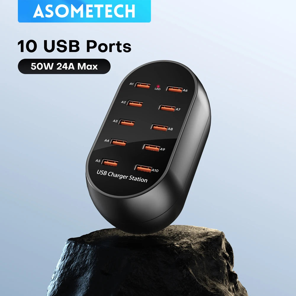 ASOMETECH 10-20 Ports Desktop USB Charger 50W/10A Multi Port Charging Station for iPhone, Samsung, Xiaomi, Tablet & Multiple Devices