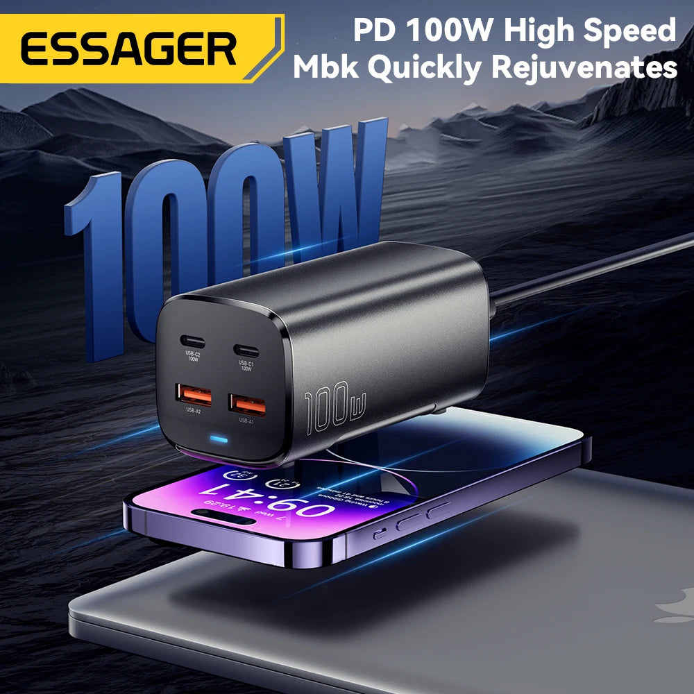 Essager 100W USB-C GaN Charger: Rapid Desktop Fast Charging with QC 4.0 & 3.0