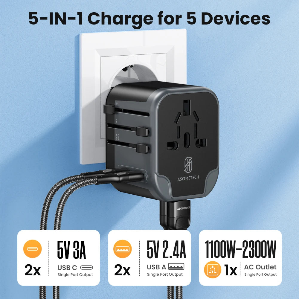 ASOMETECH 5-in-1 Universal Travel Adapter with 2 USB-C & 2 USB-A Ports, Worldwide Power Plug for USA, EU, UK, AUS