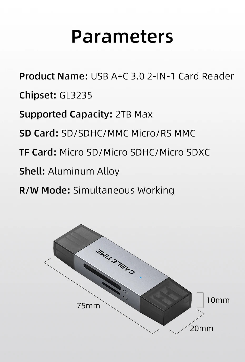 CABLETIME USB 3.0 Dual SD & Micro SD Card Reader with OTG Adapter for High-Speed Data Transfer