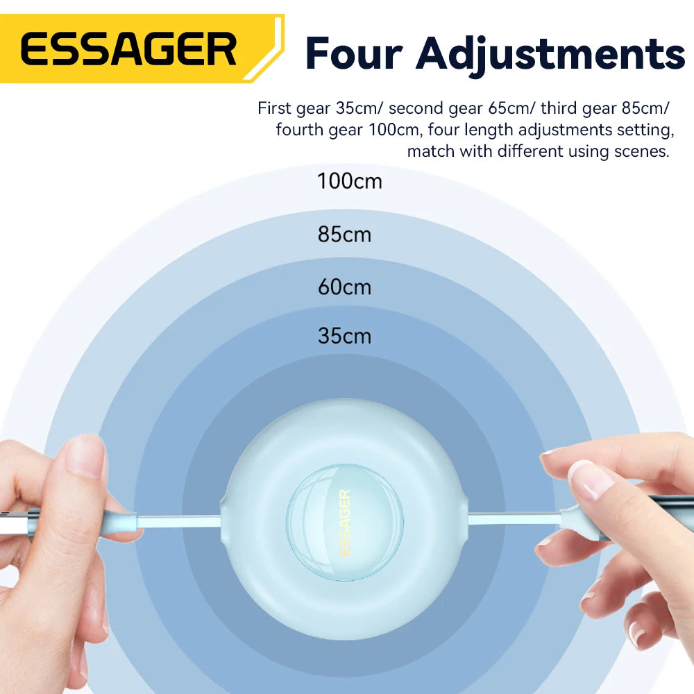 Essager Retractable 66W 3-in-1 USB Charge Cable – 6A Fast Charger Type-C Cable for Smartphones