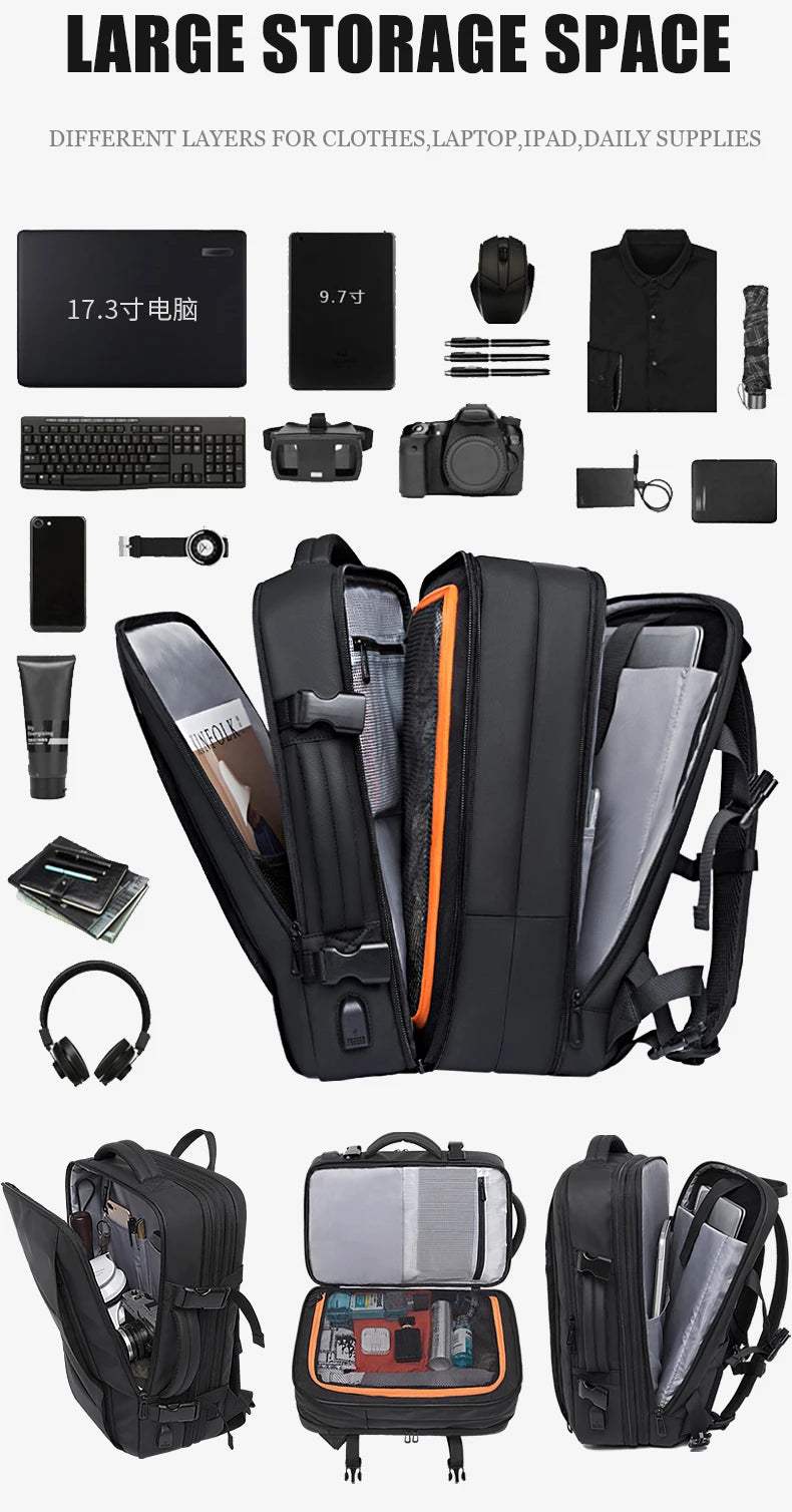 BANGE Travel Backpack Men Business Backpack School Expandable USB Bag Large Capacity 17.3 Laptop Waterproof