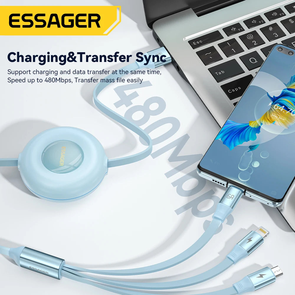 Essager Retractable 66W 3-in-1 USB Charge Cable – 6A Fast Charger Type-C Cable for Smartphones