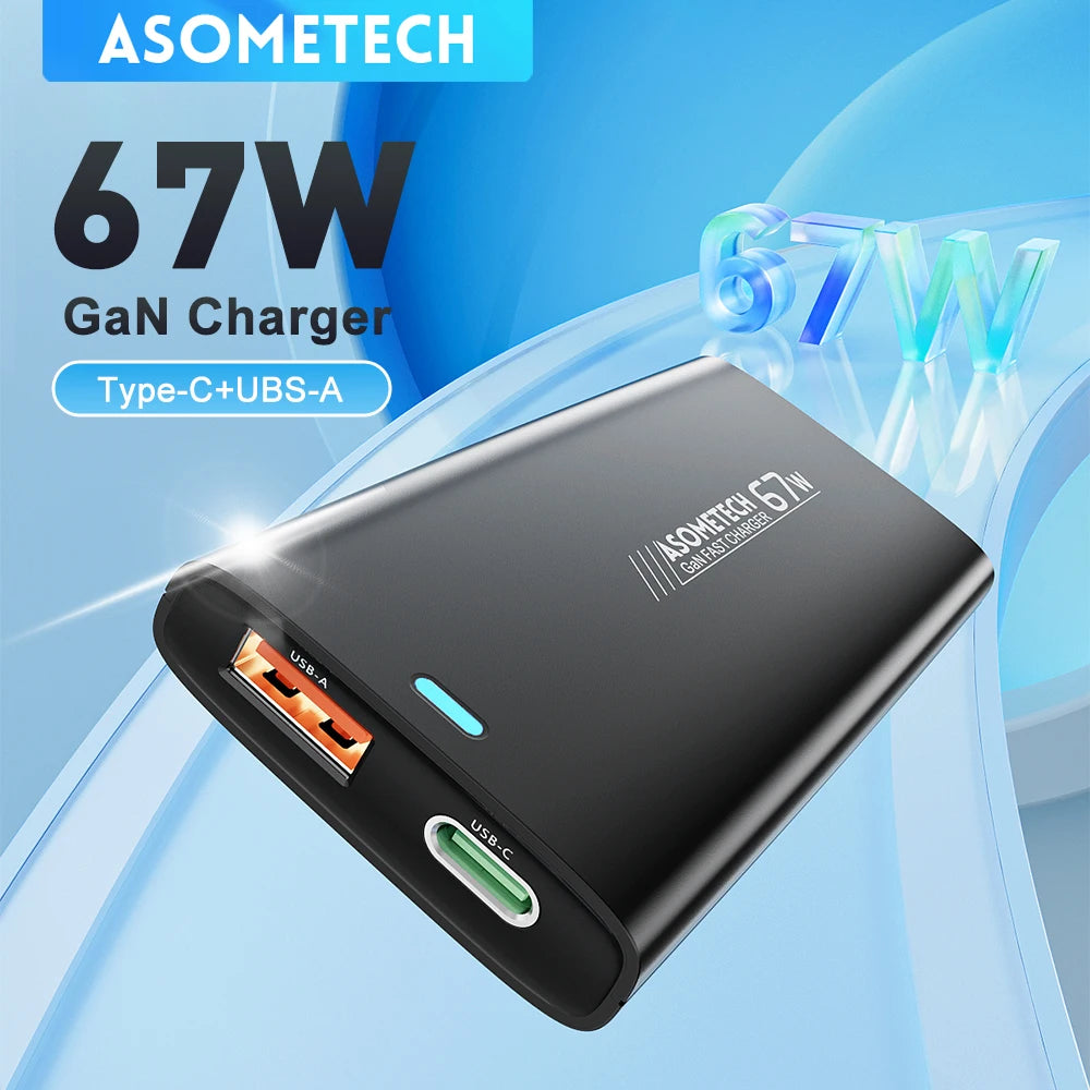 ASOMETECH GaN 67W USB C Fast Charger PD 3.0 QC 3.0 Type C Portable Travel Charger For iPhone, MacBook, Samsung, Smartphones, Laptops and Tablets