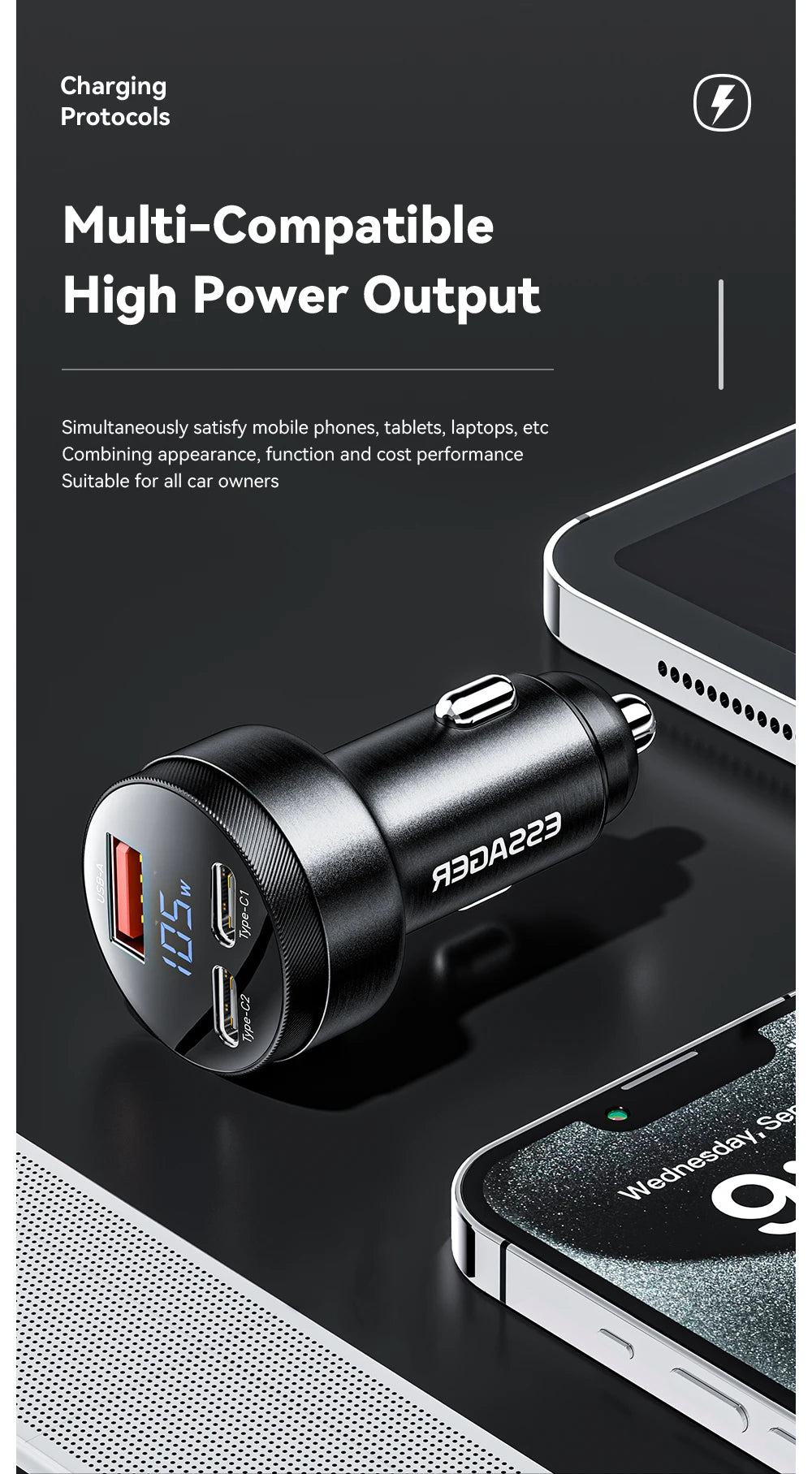 Essager 105W USB Car Charger Quick Charge 4.0 QC4.0 QC3.0 QC SCP PPS PD USB Type C Fast Charging