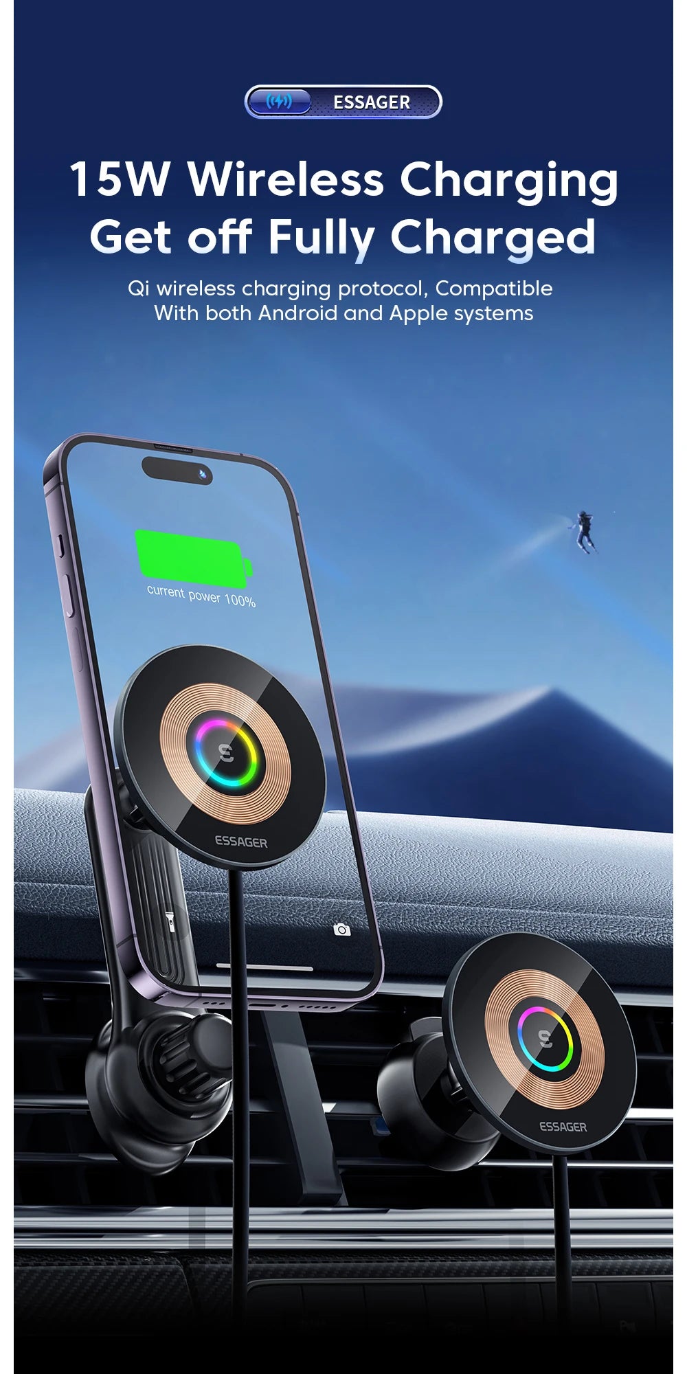 Essager 15W Qi Car Wireless Charger Phone Holder Mount – Wireless Fast Charging Phone Holder for Smartphones