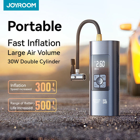 Joyroom 30W Portable Car Air Pump: Wireless Double Cylinder Inflator for Car, Motorcycle & Bike