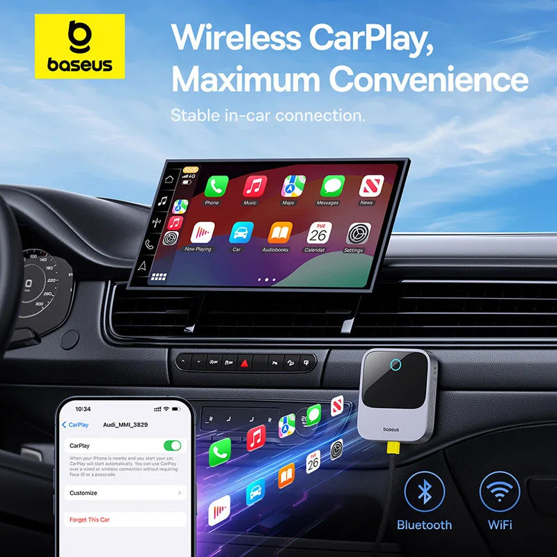 Baseus CarPlay Wireless Adapter - Smart CarPlay Box for IOS, Convert Wired to Wireless CarPlay, Plug & Play with Bluetooth & WiFi Connect Auto