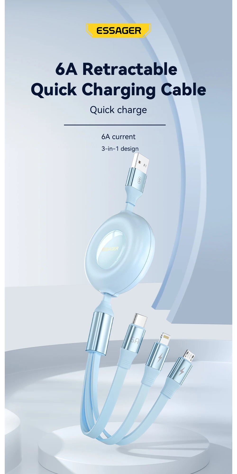 Essager Retractable 66W 3-in-1 USB Charge Cable – 6A Fast Charger Type-C Cable for Smartphones