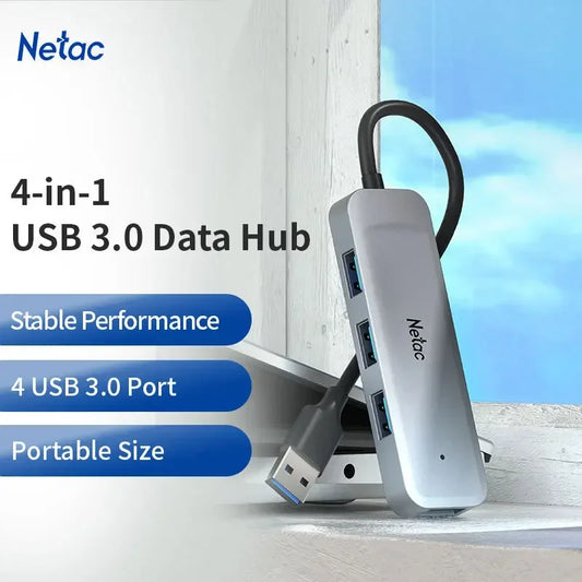 Netac 4-in-1 USB 3.0 Data Hub Expander Splitter – Multi-Port USB Extended Hub with External Switching for Flash Drives