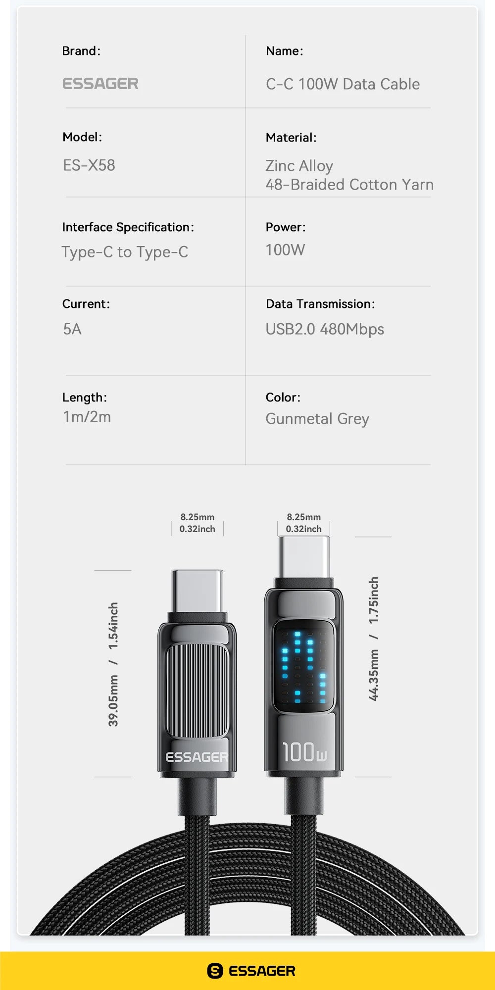 Essager 100W USB Type C to USB C Cable PD Fast Charging Cable