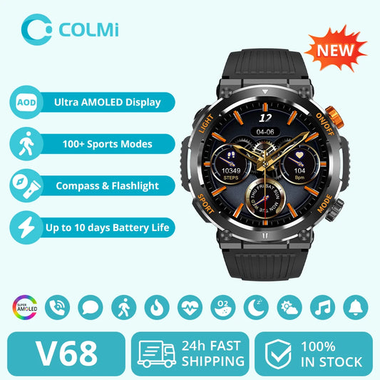 COLMI V68 Smartwatch - 1.46'' HD Display, 100 Sports Modes, Compass, Flashlight, Military-Grade Toughness