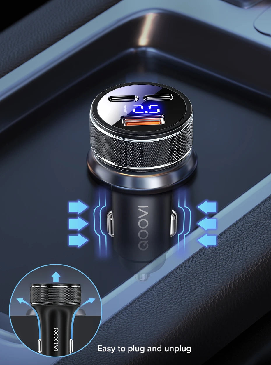 QOOVI 78W 3-Ports Car Charger PD USB Type C QC3.0 Phone Charger Fast Charging For iPhone, Xiaomi, Samsung, iPad, Laptops, Tablets, Smartphones