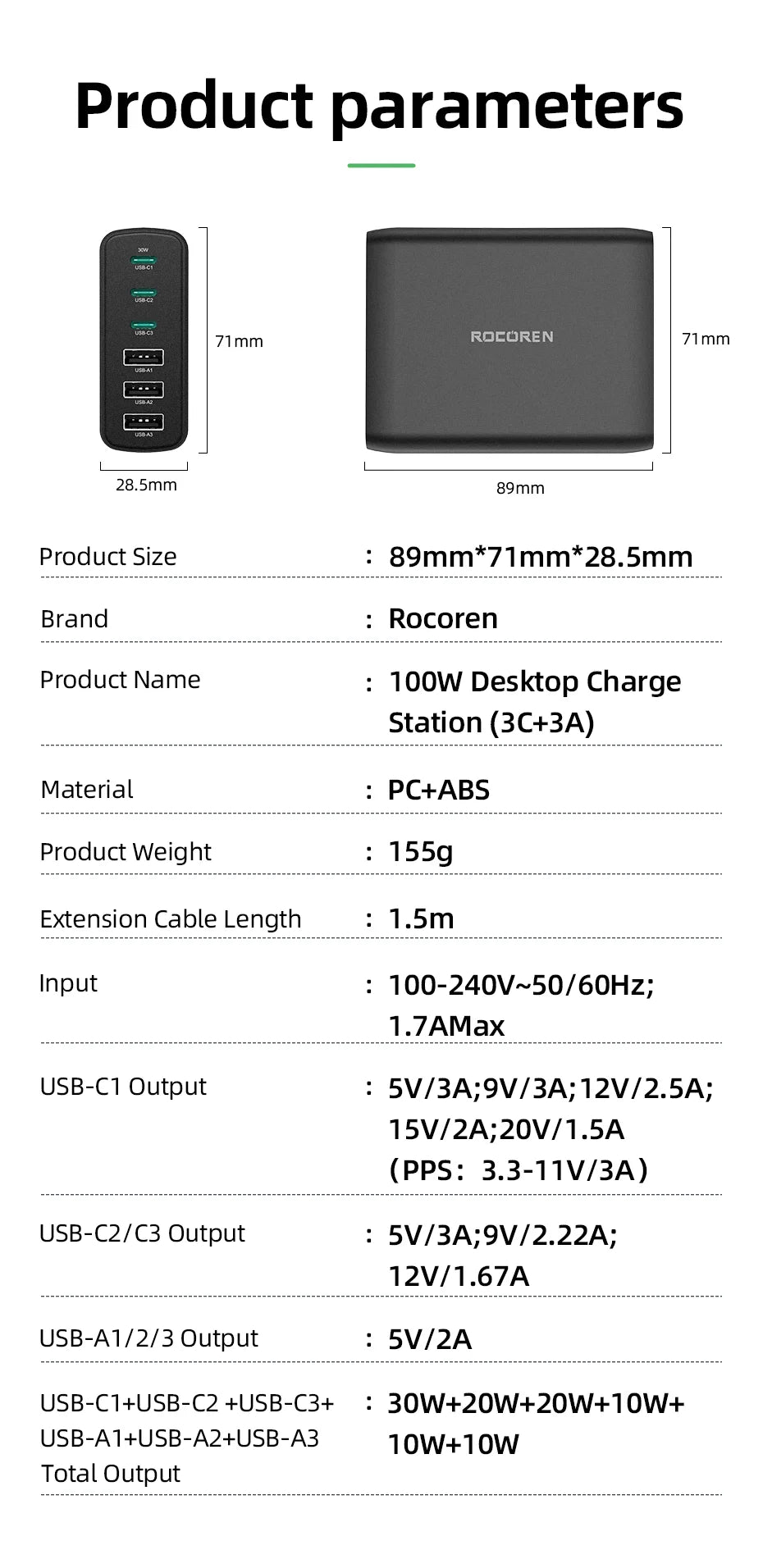 Rocoren 100W GaN USB-C Charger – PD Fast Charger, Quick Charge 4.0/3.0, Multi-Port Desktop Charging Station