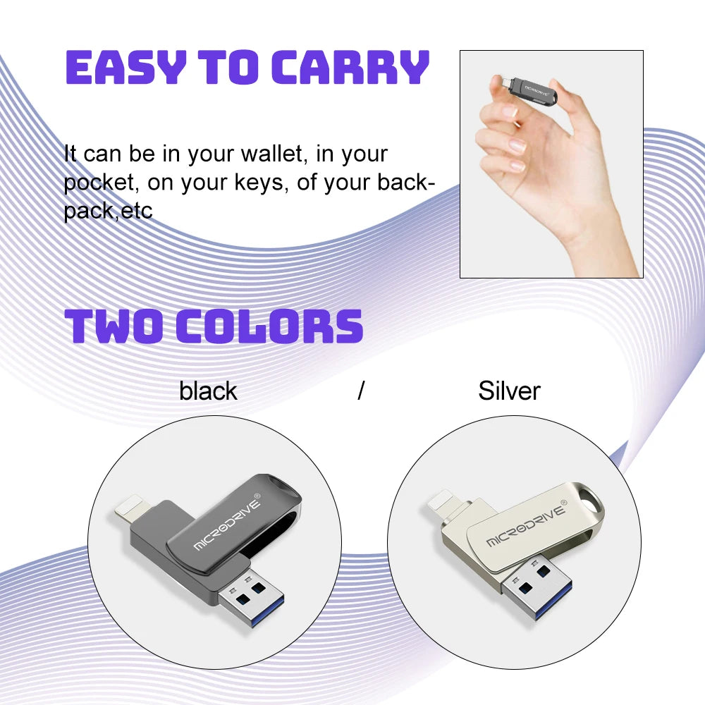 MicroDrive USB 3.0 Flash Drive for all iPhone  with Lightning USB/OTG 2 in 1 Drive for iOS External Storage