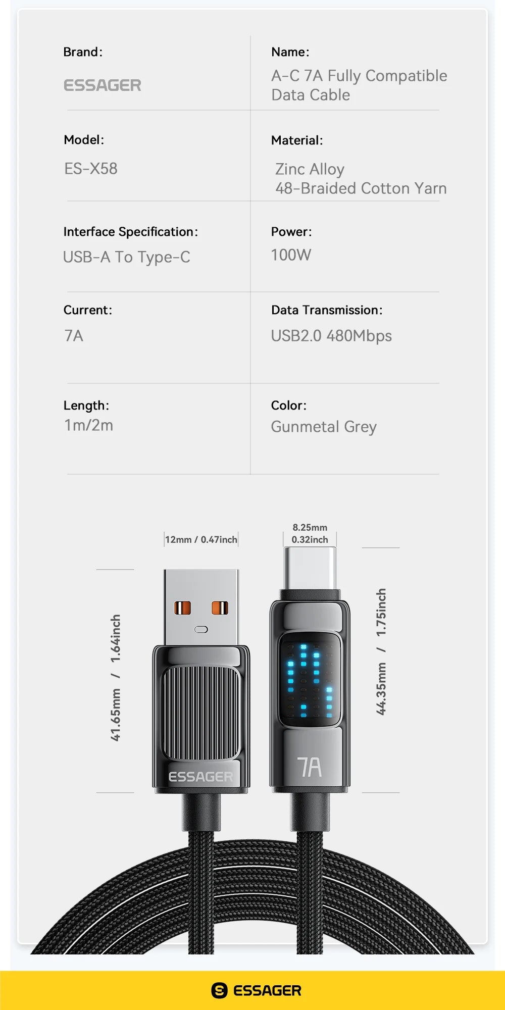 Essager 7A USB Type C Cable 100W/88W Fast Charging USB C