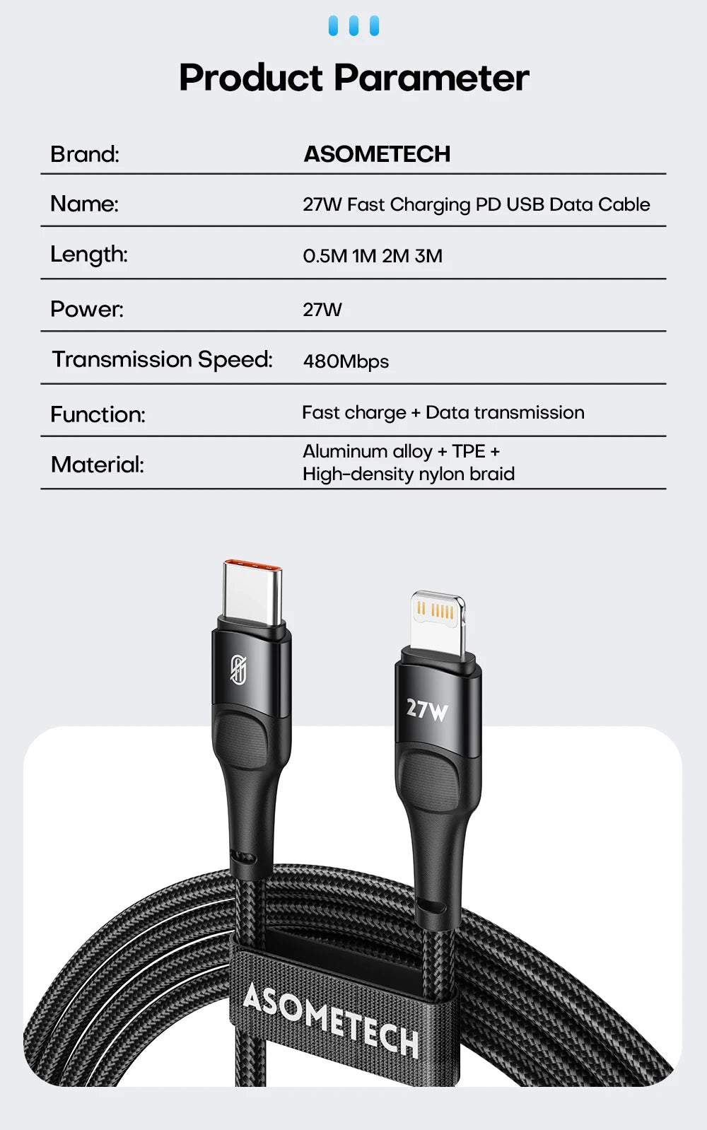 ASOMETECH 27W USB Cable for iPhone 14 13 12 11 Pro Max Xs X 8 Plus | Fast Charging Type-C to Lightning Cable for iPad & iPhone