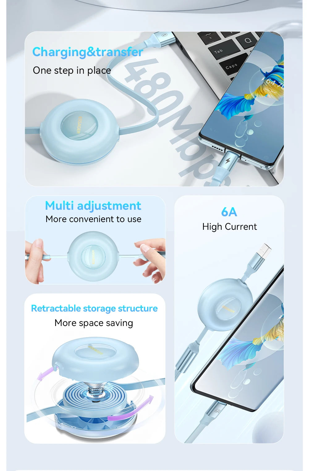 Essager Retractable 66W 3-in-1 USB Charge Cable – 6A Fast Charger Type-C Cable for Smartphones