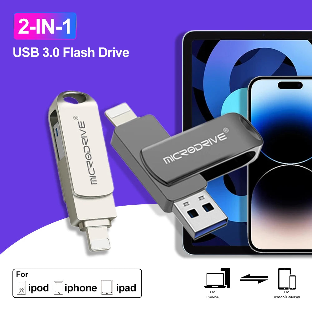 MicroDrive USB 3.0 Flash Drive for all iPhone  with Lightning USB/OTG 2 in 1 Drive for iOS External Storage