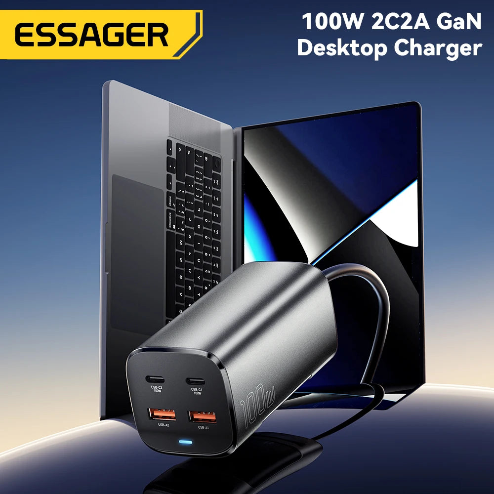 Essager 100W USB-C GaN Charger: Rapid Desktop Fast Charging with QC 4.0 & 3.0