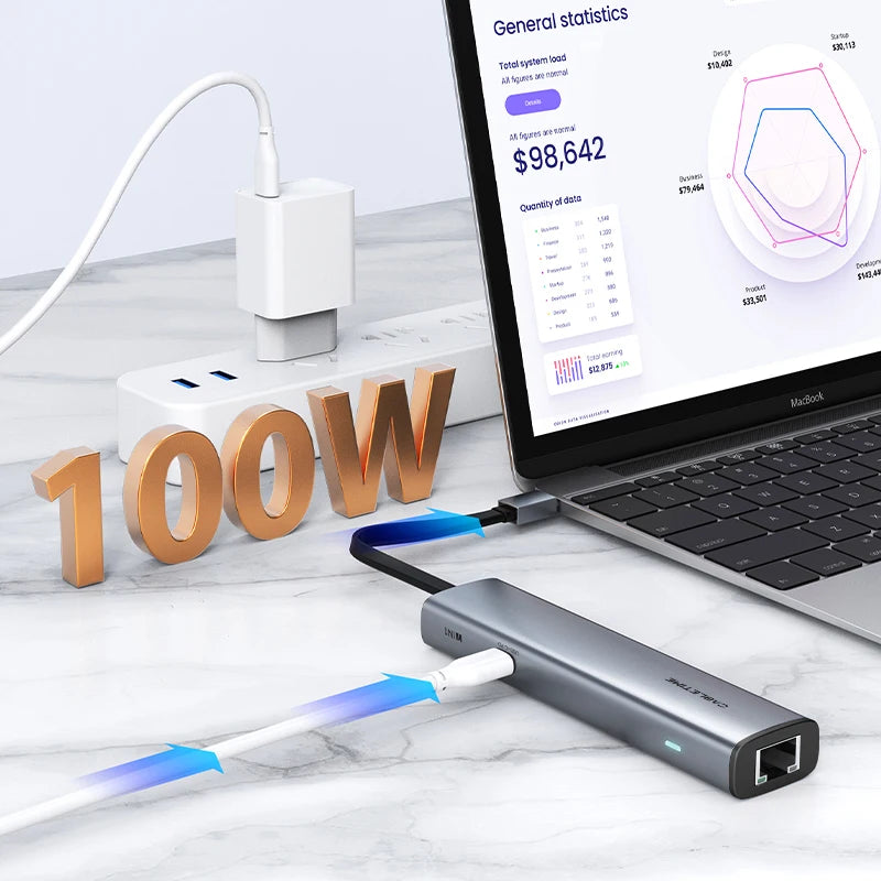 CABLETIME USB C HUB Type-C 7-in-1 Slim Adapter with 4K 60Hz HDMI, RJ45 1000Mbps, PD 100W for PC, MacBook, iPad