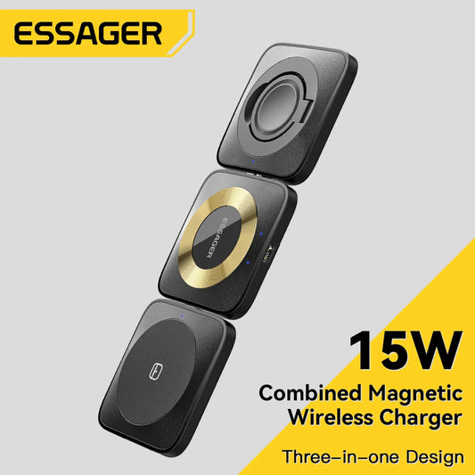 Essager 3-in-1 Magnetic 15W Wireless Charger Stand: Fast Charging Dock Station for iPhone 14/13/12 Pro Max, Apple Watch & AirPods