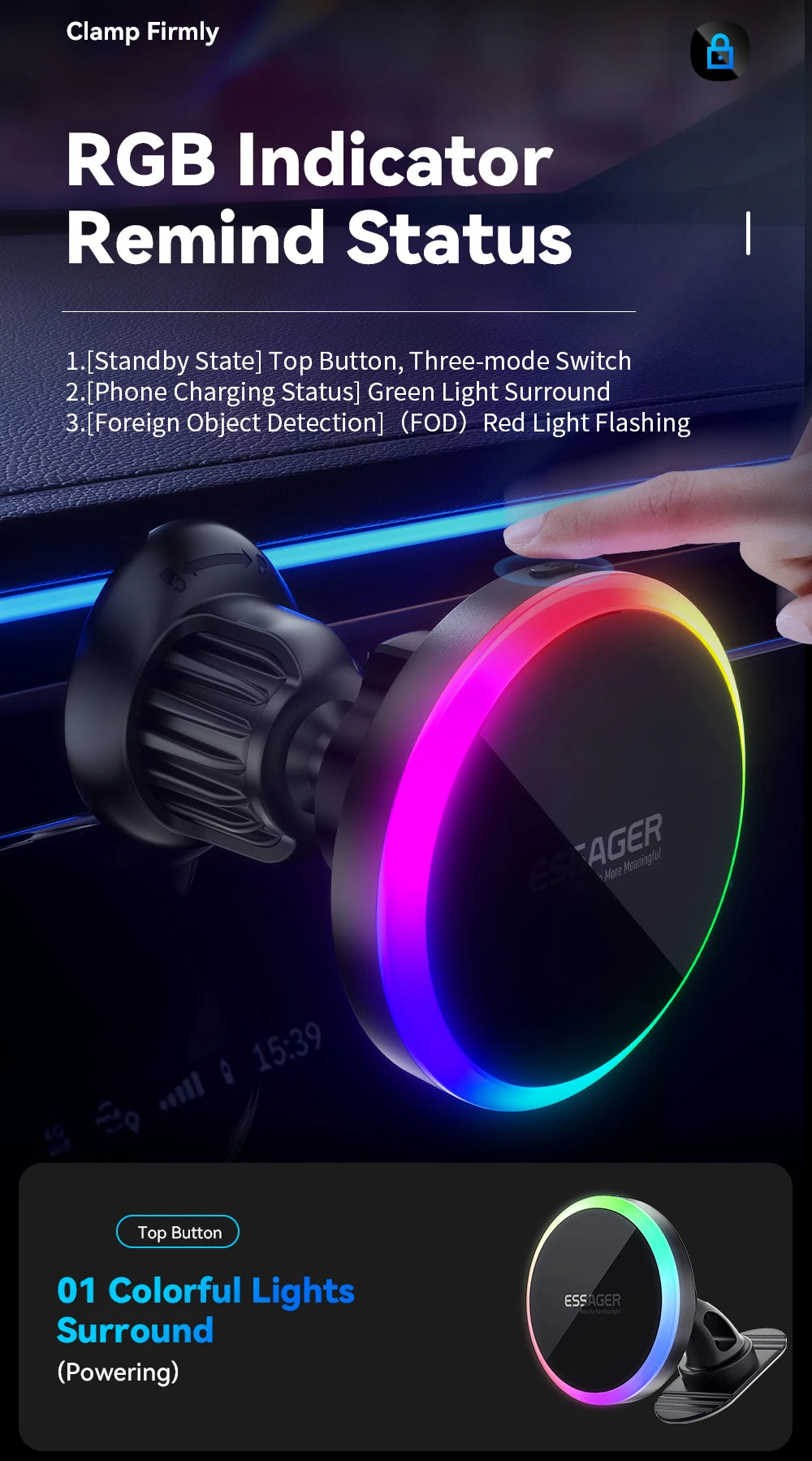 Essager RGB Magnetic Car Phone Holder Qi 15W Wireless Charger – Universal Phone Stand for Smartphones