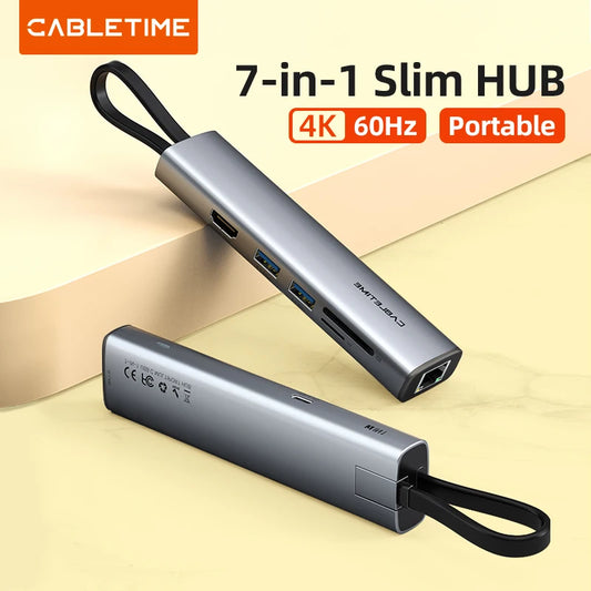 CABLETIME USB C HUB Type-C 7-in-1 Slim Adapter with 4K 60Hz HDMI, RJ45 1000Mbps, PD 100W for PC, MacBook, iPad