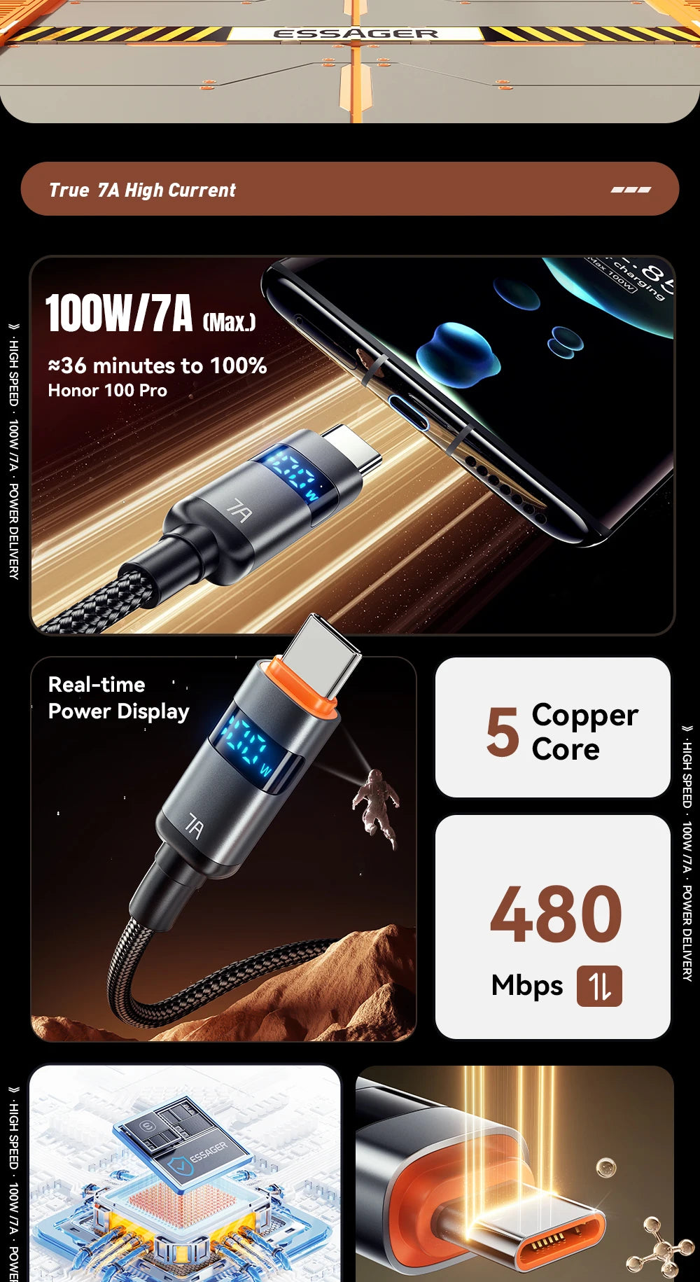 Essager 7A USB Type C Cable - 100W Fast Charging for Smartphones, Laptops, Tablets, Power Banks