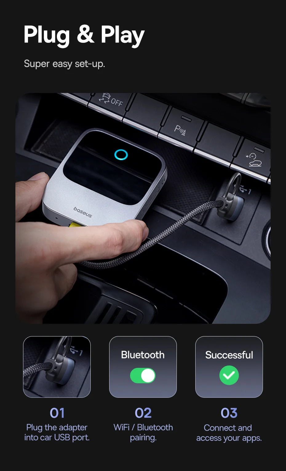 Baseus CarPlay Wireless Adapter - Smart CarPlay Box for IOS, Convert Wired to Wireless CarPlay, Plug & Play with Bluetooth & WiFi Connect Auto