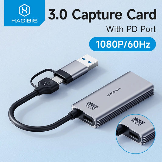 Hagibis USB 3.0 Video Capture Card with PD Port, HDMI to USB/Type-C, Fast Charging, Ideal for Gaming, Live Streaming, and Video Recording