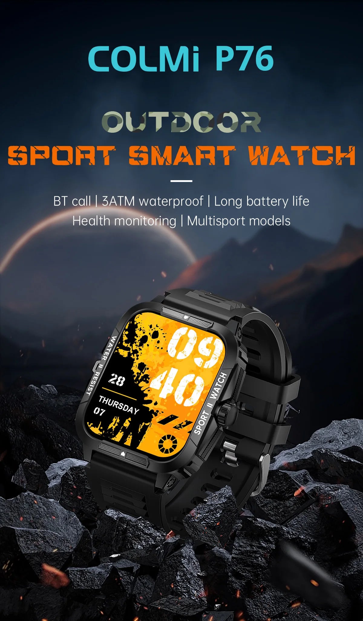 COLMI P76 Military Smartwatch - 1.96" Display, Bluetooth Call, 3ATM IP68 Waterproof, Outdoor & Sports Fitness Watch