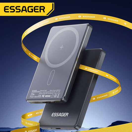 Essager Thin Magnetic 20W Wireless Power Bank: 5000mAh Portable Fast Charging External Battery for MagSafe, Compatible with iPhone 16/15/14/13/12