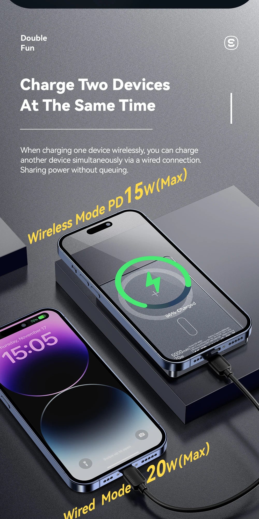 Essager Thin Magnetic 20W Wireless Power Bank: 5000mAh Portable Fast Charging External Battery for MagSafe, Compatible with iPhone 16/15/14/13/12