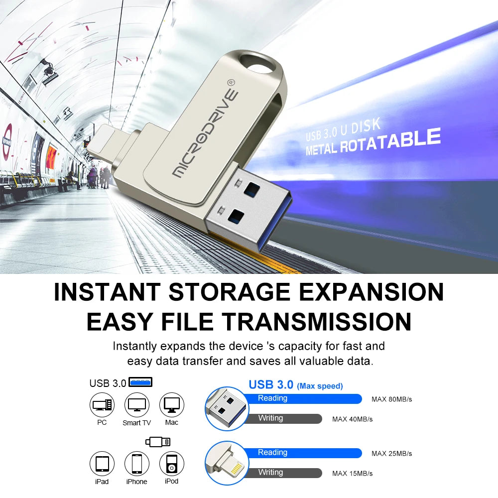 MicroDrive USB 3.0 Flash Drive for all iPhone  with Lightning USB/OTG 2 in 1 Drive for iOS External Storage