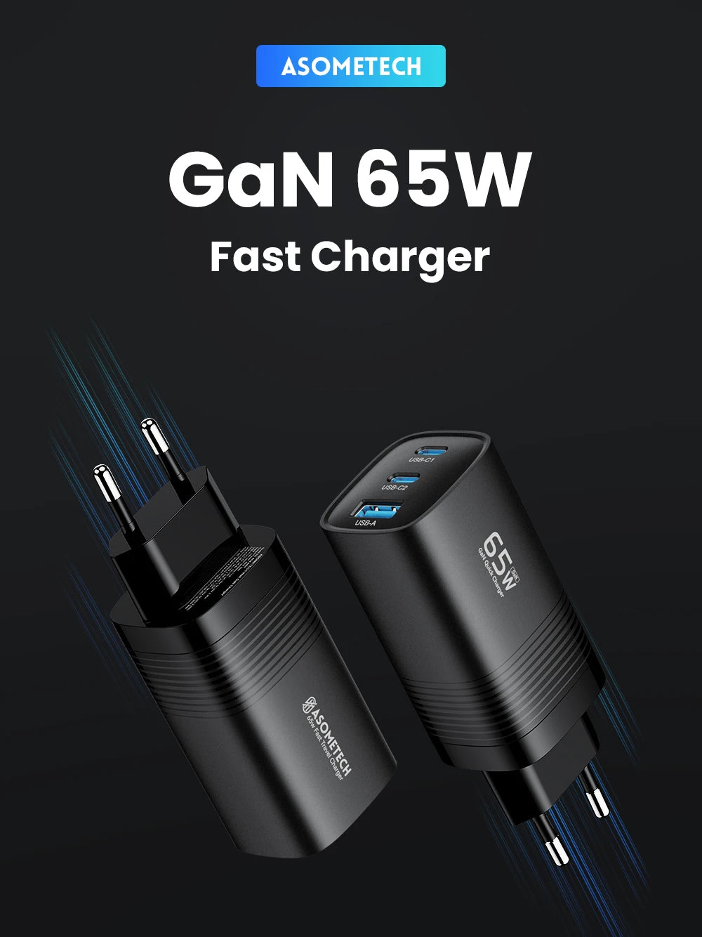 ASOMETECH 65W GaN USB & Type C Fast Charger