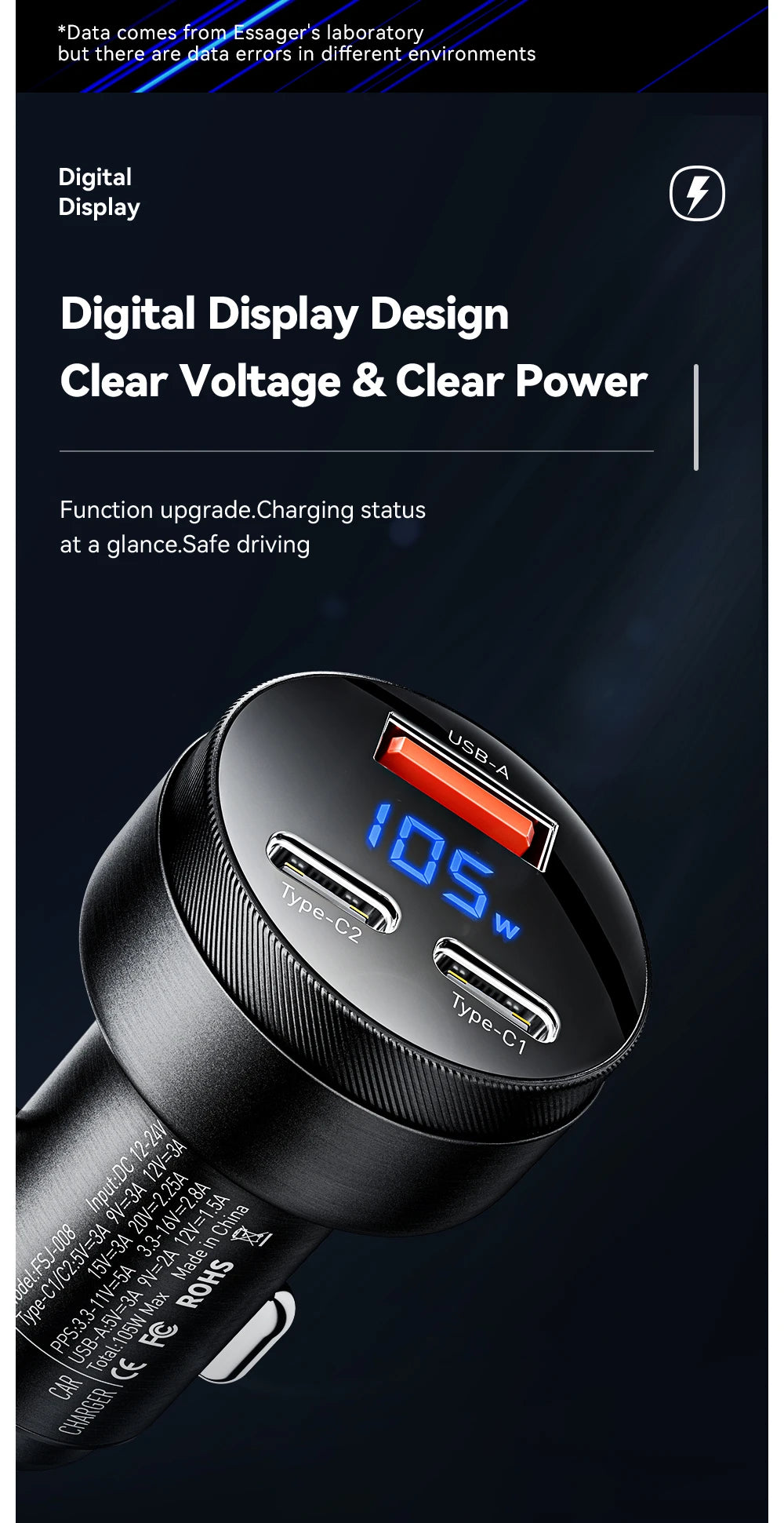 Essager 105W USB Car Charger Quick Charge 4.0 QC4.0 QC3.0 QC SCP PPS PD USB Type C Fast Charging