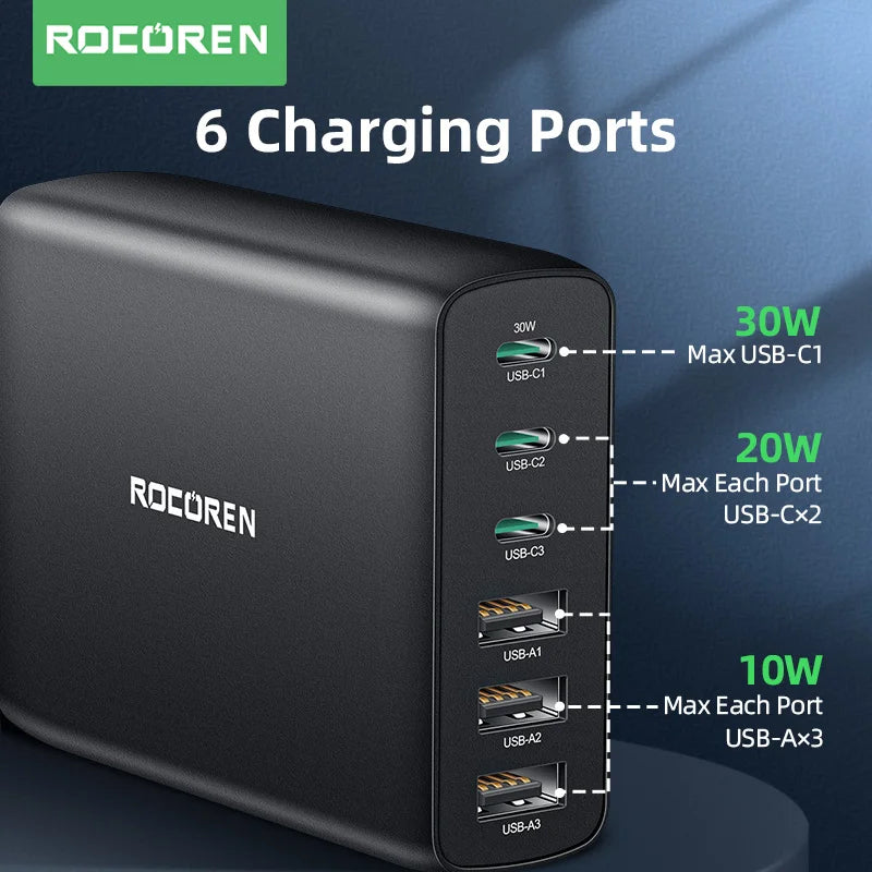 Rocoren 100W GaN USB-C Charger – PD Fast Charger, Quick Charge 4.0/3.0, Multi-Port Desktop Charging Station