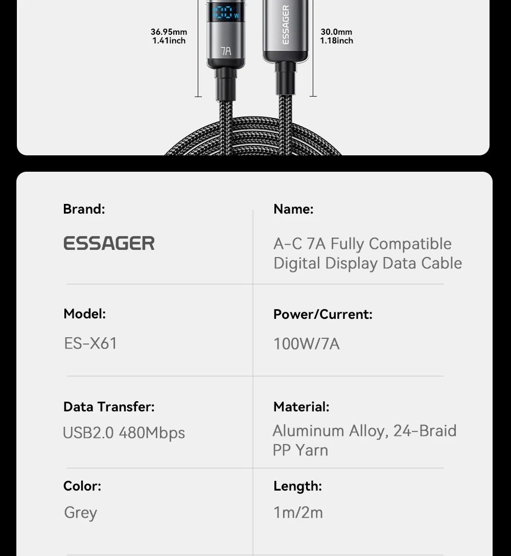 Essager 7A USB Type C Cable - 100W Fast Charging for Smartphones, Laptops, Tablets, Power Banks