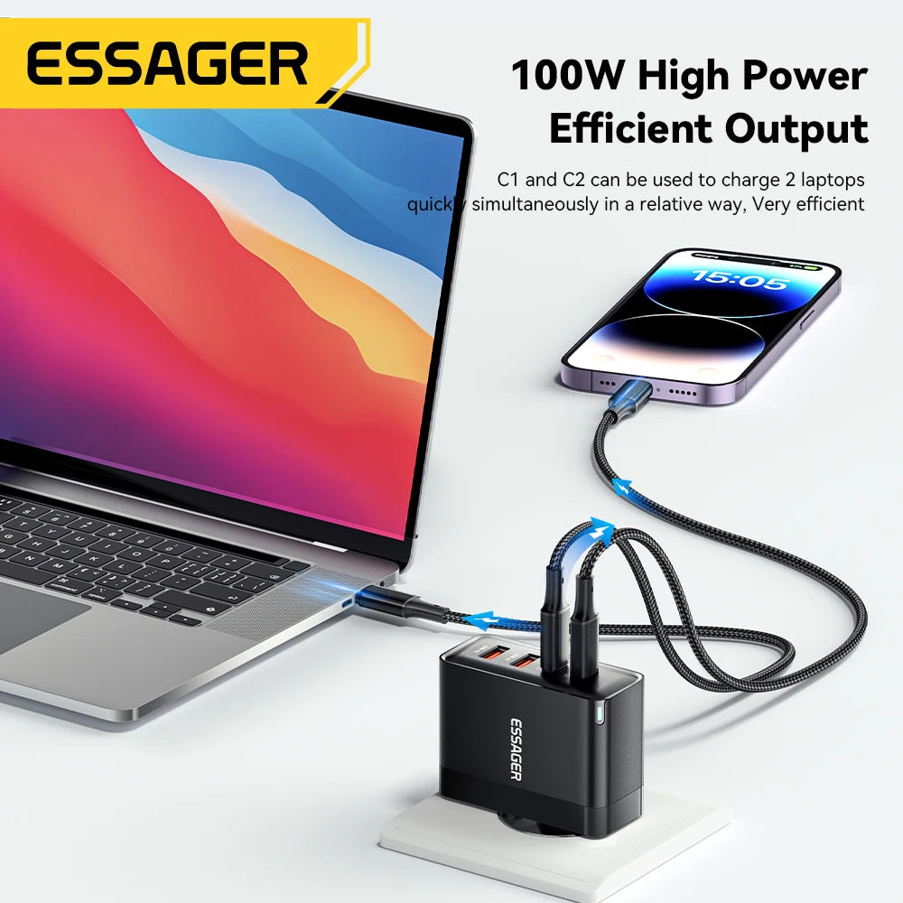 Essager 100W USB-C Charger: PD QC 4.0 & 3.0 Fast Charging for Laptops, Smartphones, Tablets