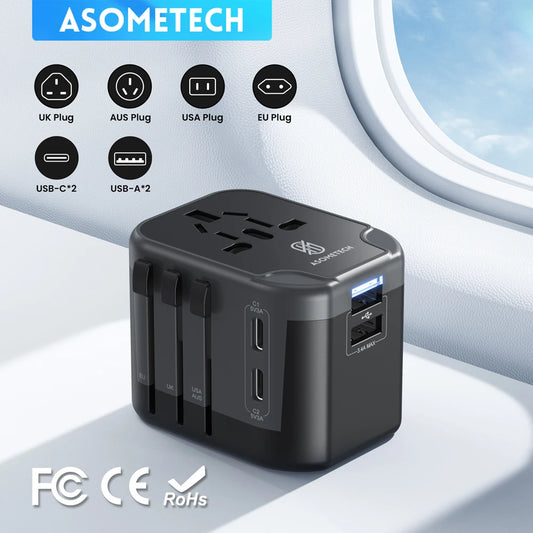 ASOMETECH Universal Travel Adapter USB Charger | 2 USB & 2 Type C Ports | Wall Charger for US EU UK AUS International Travel